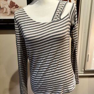 CAbi Gray Striped Long Sleeve Top with one cold shoulder